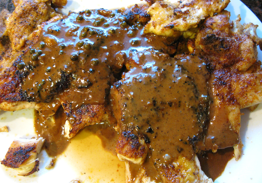 Smashed Chicken with green peppercorn sauce