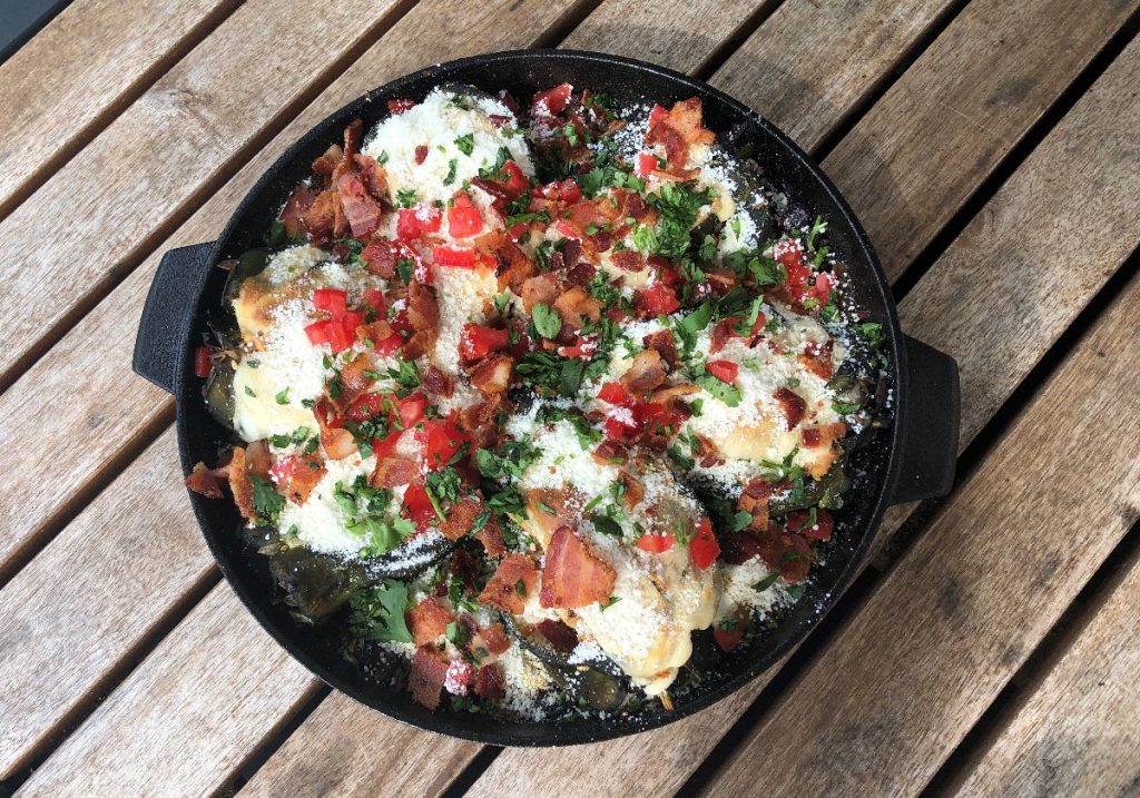 DrBBQ's Smoked Chicken Chili Rellenos with Molé & Ghost Black Beans