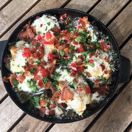 DrBBQ's Smoked Chicken Chili Rellenos with Molé & Ghost Black Beans