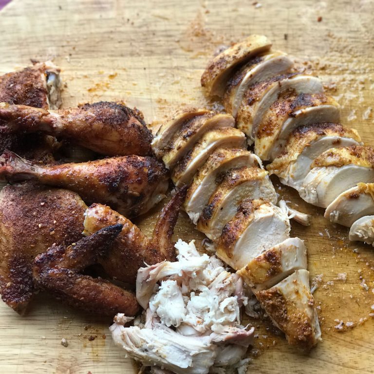 Remove the legs and either pull the dark meat to serve, or cut into thigh/drumstick