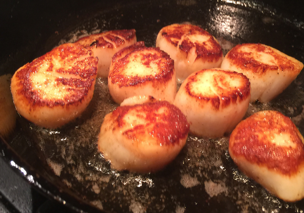 Scallops searing in a cast iron pan