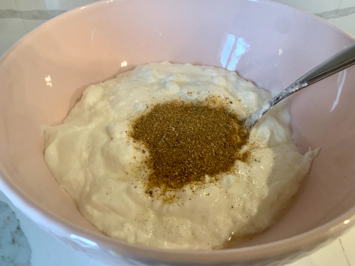 Mix yogurt with Mediterranean-ish seasoning