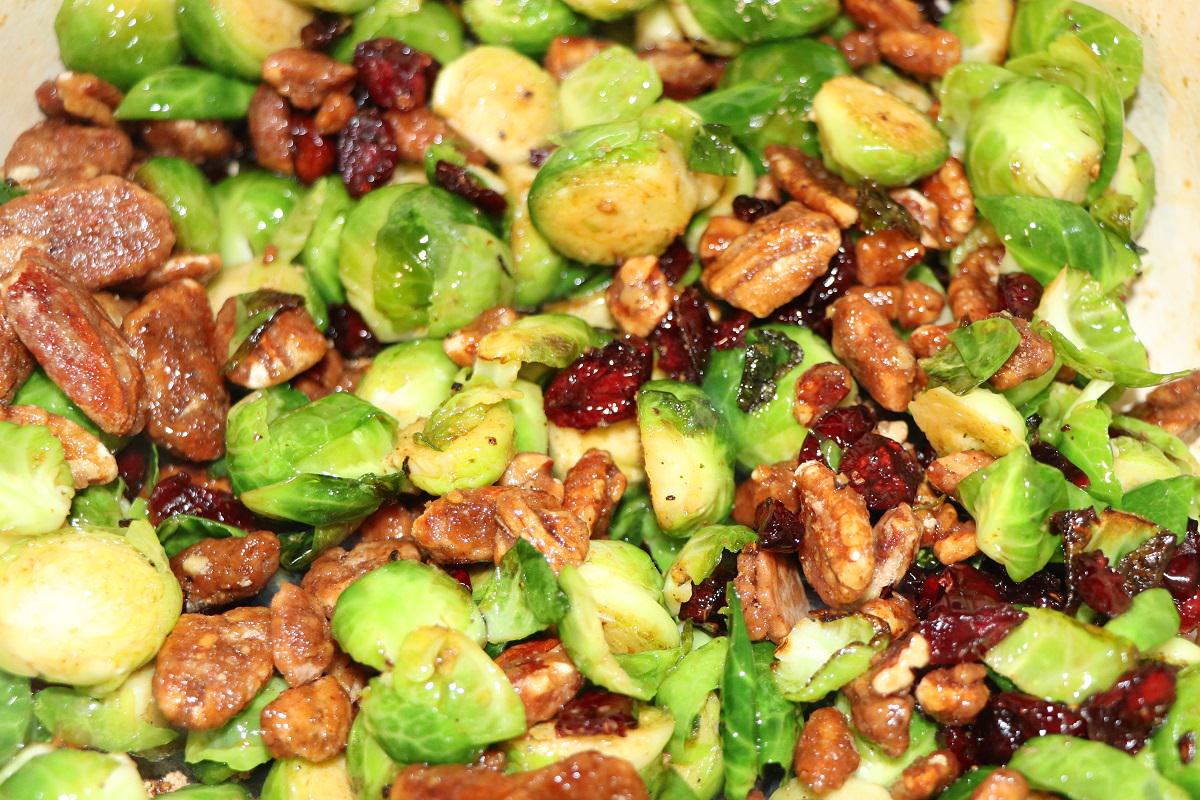 Sauté brussels sprouts with Craisins and pecans