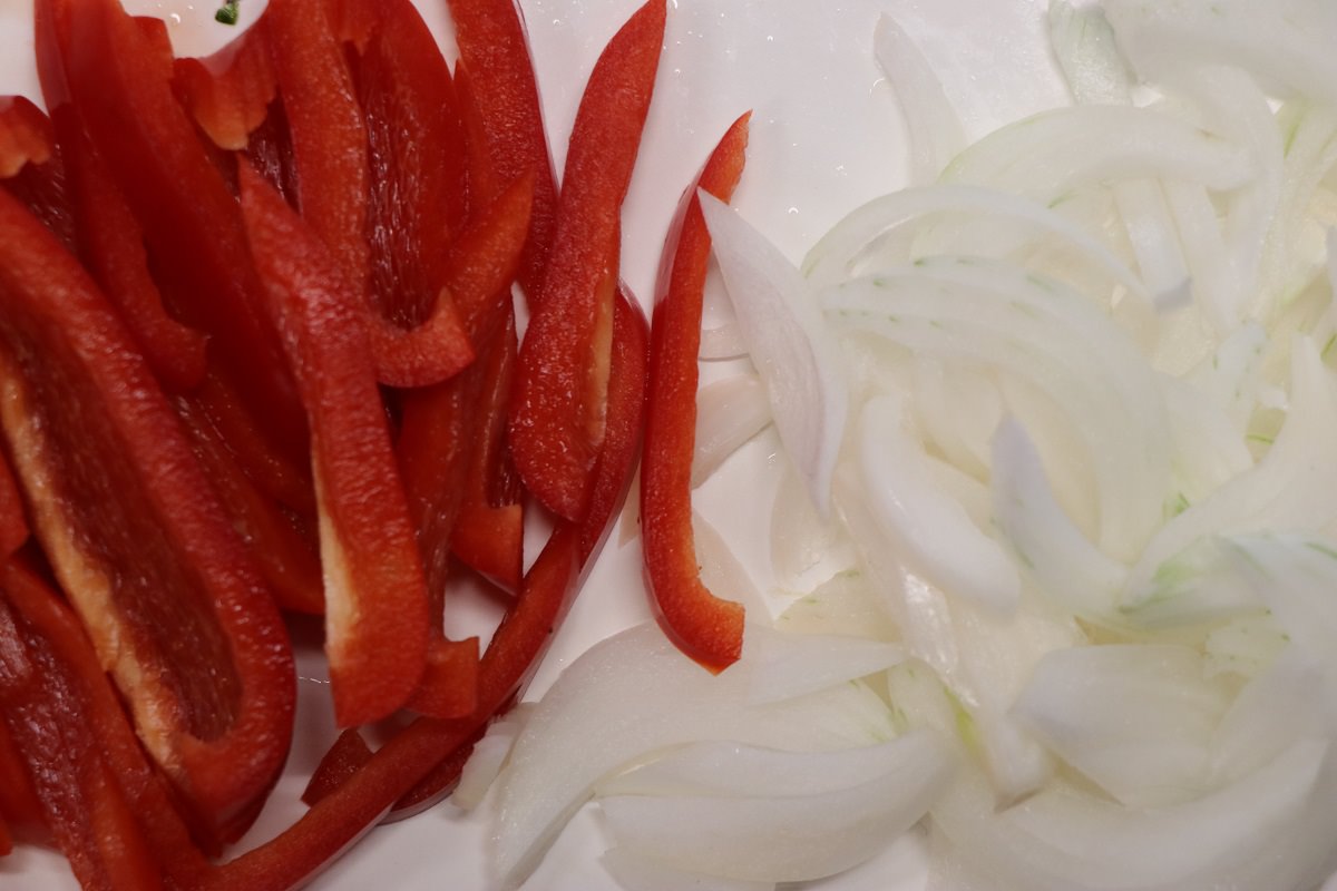 Julienne bell pepper and onion
