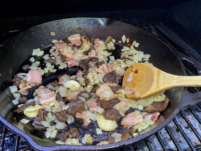 Brown the chopped bacon, onions, garlic and Porcini mushrooms