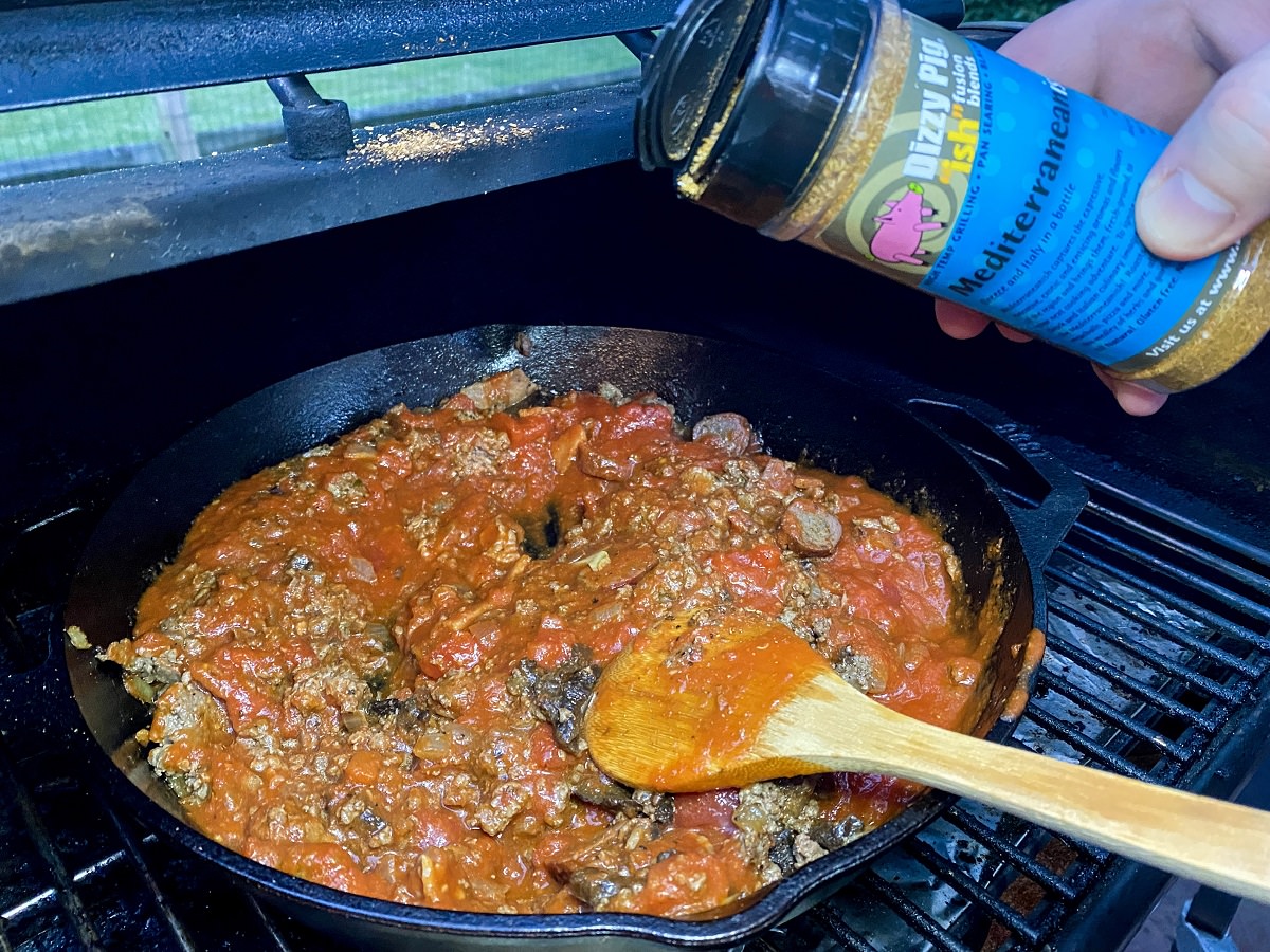 Stir in tomato sauce and Dizzy Pig â€œMediterranean-ishâ€ seasoning
