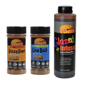 Dizzy Pig's BBQ Essentials bundle includes Dizzy Dust, Cow Lick, and Glazed & Infused Saucve
