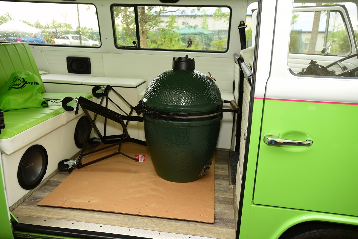 big green egg in a van