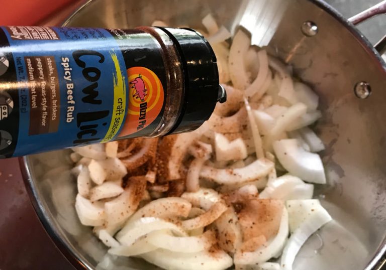 Grilled hamburgers - add onions, Cow Lick and saute