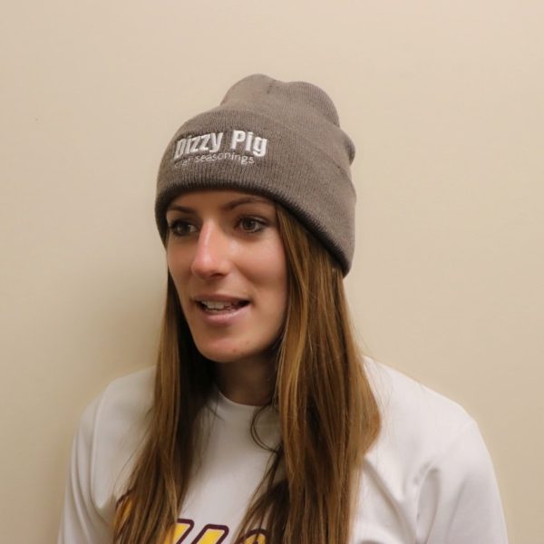 Heather sporting Dizzy Pig knit beanie