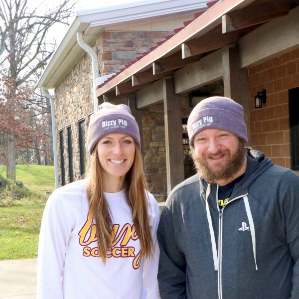 Brandon and Heather sporting Dizzy Pig knit beanie