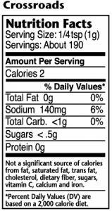 Nutrition label for Crossroads authentic Southern BBQ seasoning