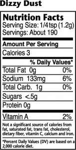 Nutrition label for Dizzy Dust all purpose seasoning