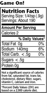 Nutrition label for Game On! wild game seasoning