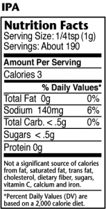 Nutrition label for IPA Hop-infused seasoning