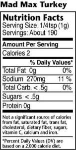 Nutrition label for Mad Max Turkey seasoning