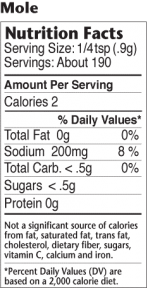 Nutrition label for Molé Chile Cacao seasoning