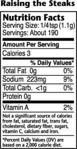 Nutrition label for Raising the Steaks Montreal-style seasoning