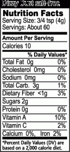 Nutrition label for Salt-Free Dizzy Dust all purpose seasoning