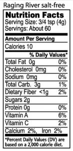 Nutrition label for Salt-Free Raging River Salmon rub