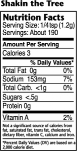 Nutrition label for Shakin' the Tree Lemon Pepper seasoning