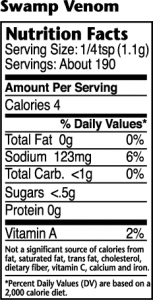 Nutrition label for Swamp Venom Hot Deep South Seasoning