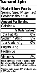 Nutrition label for Tsunami Spin Asian Fusion seasoning