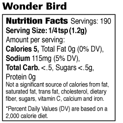 Nutrition label for Wonder Bird poultry seasoning