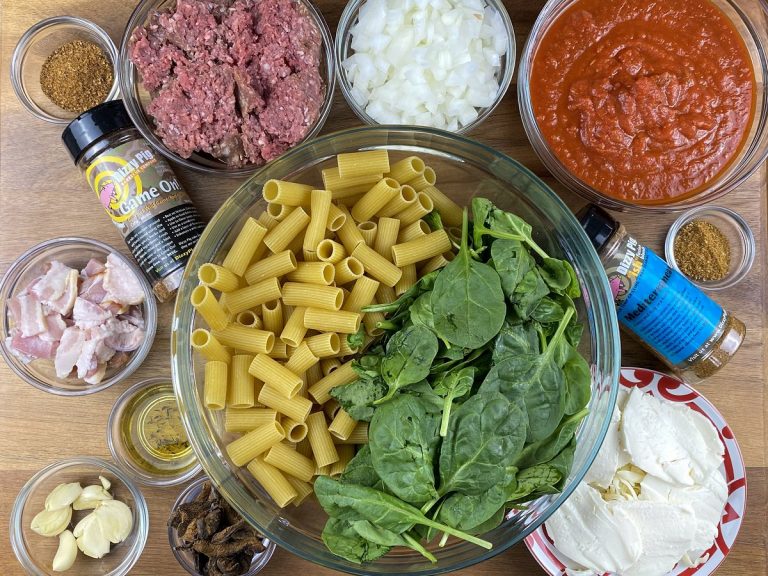 Ingredients for Cheesy Venison Pasta Bake